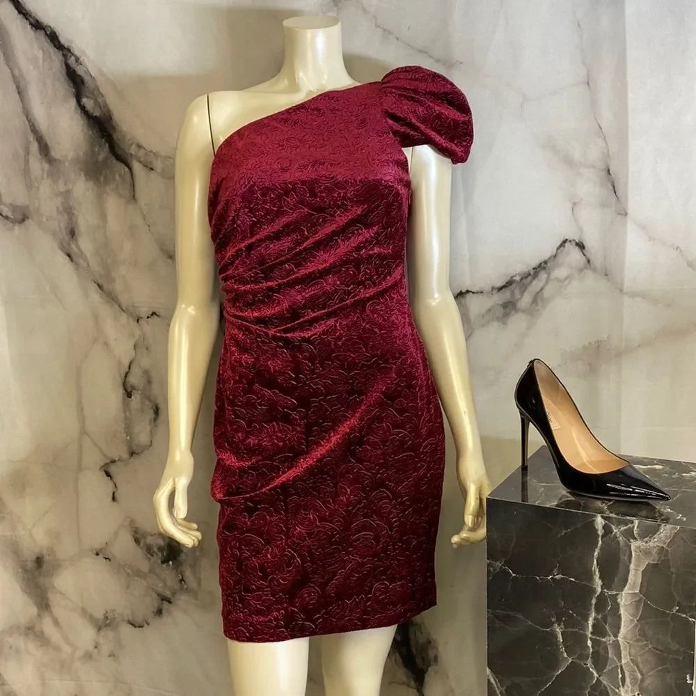 *Aidan Mattox Burgundy velvet embroidered one shoulder dress